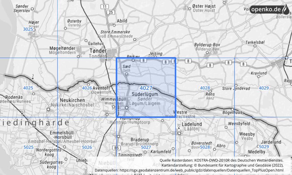 Übersichtskarte KOSTRA-DWD-2010R Rasterfeld Nr. 4027 mit angrenzenden Feldern