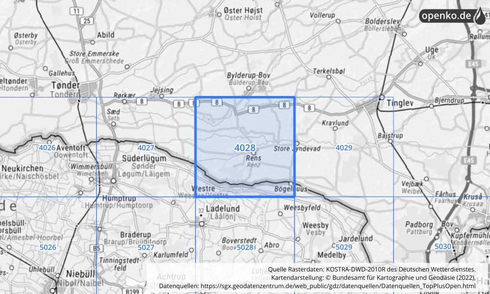 Übersichtskarte KOSTRA-DWD-2010R Rasterfeld Nr. 4028 mit angrenzenden Feldern