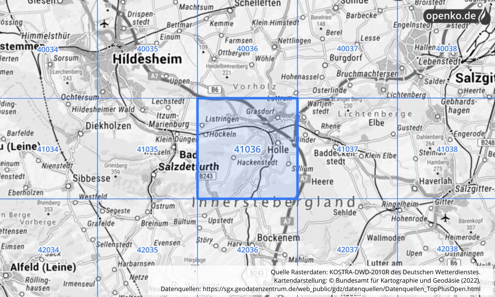 Übersichtskarte KOSTRA-DWD-2010R Rasterfeld Nr. 41036 mit angrenzenden Feldern