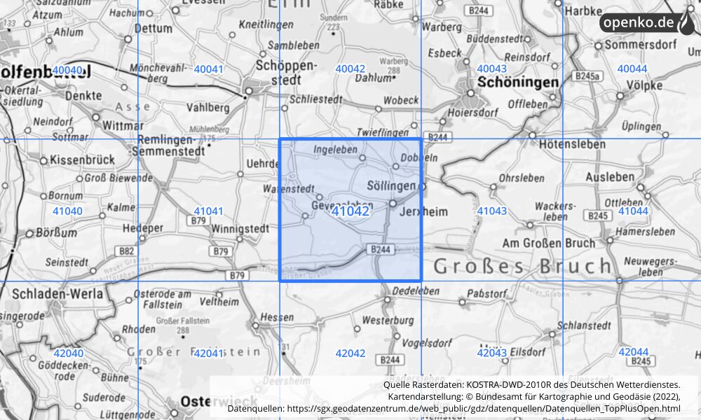 Übersichtskarte KOSTRA-DWD-2010R Rasterfeld Nr. 41042 mit angrenzenden Feldern