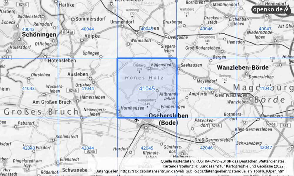 Übersichtskarte KOSTRA-DWD-2010R Rasterfeld Nr. 41045 mit angrenzenden Feldern