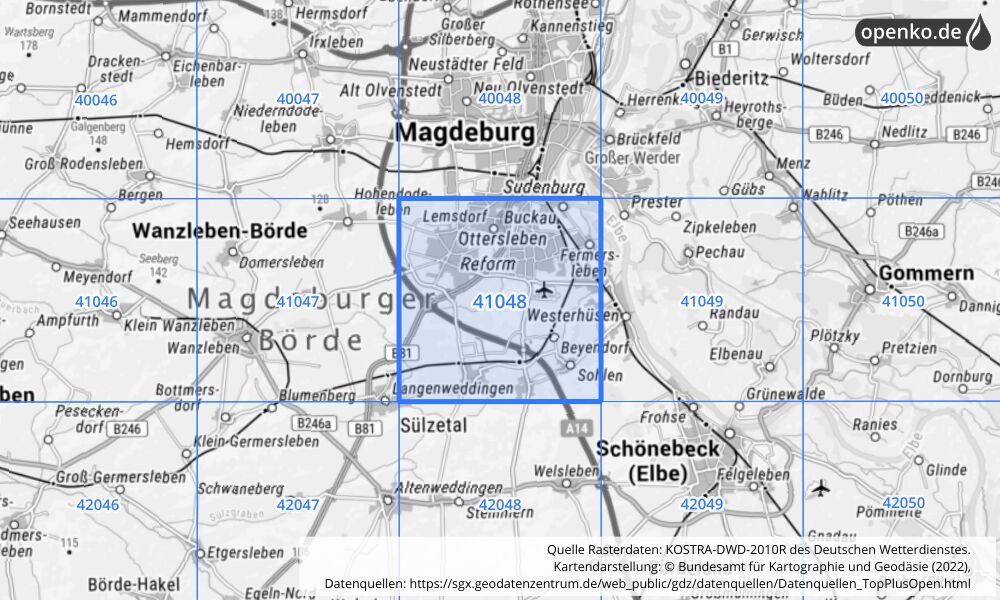 Übersichtskarte KOSTRA-DWD-2010R Rasterfeld Nr. 41048 mit angrenzenden Feldern