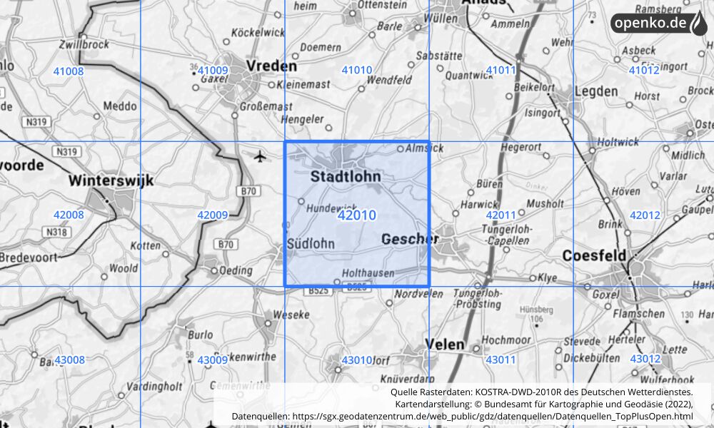 Übersichtskarte KOSTRA-DWD-2010R Rasterfeld Nr. 42010 mit angrenzenden Feldern