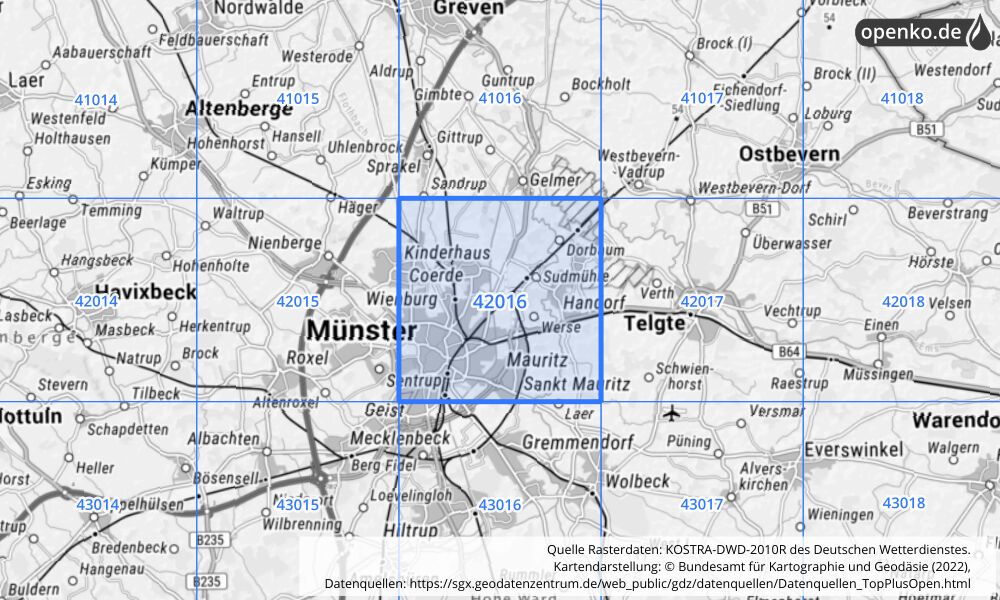 Übersichtskarte KOSTRA-DWD-2010R Rasterfeld Nr. 42016 mit angrenzenden Feldern