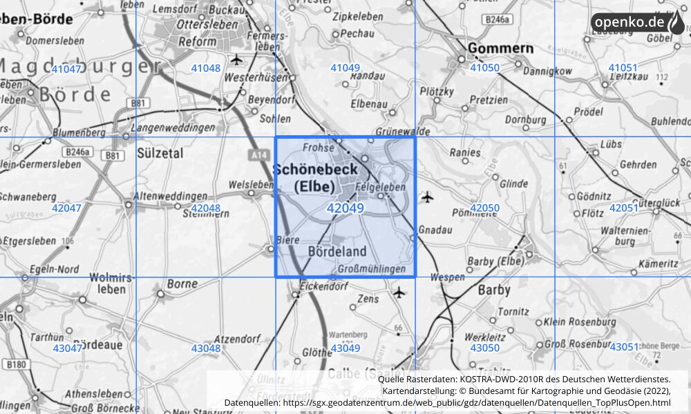 Übersichtskarte KOSTRA-DWD-2010R Rasterfeld Nr. 42049 mit angrenzenden Feldern