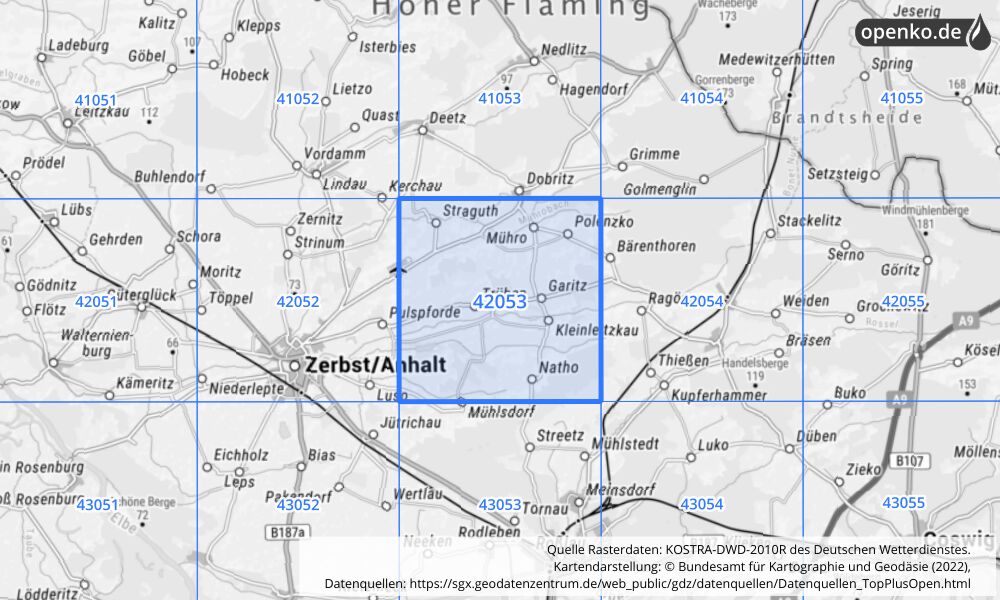 Übersichtskarte KOSTRA-DWD-2010R Rasterfeld Nr. 42053 mit angrenzenden Feldern