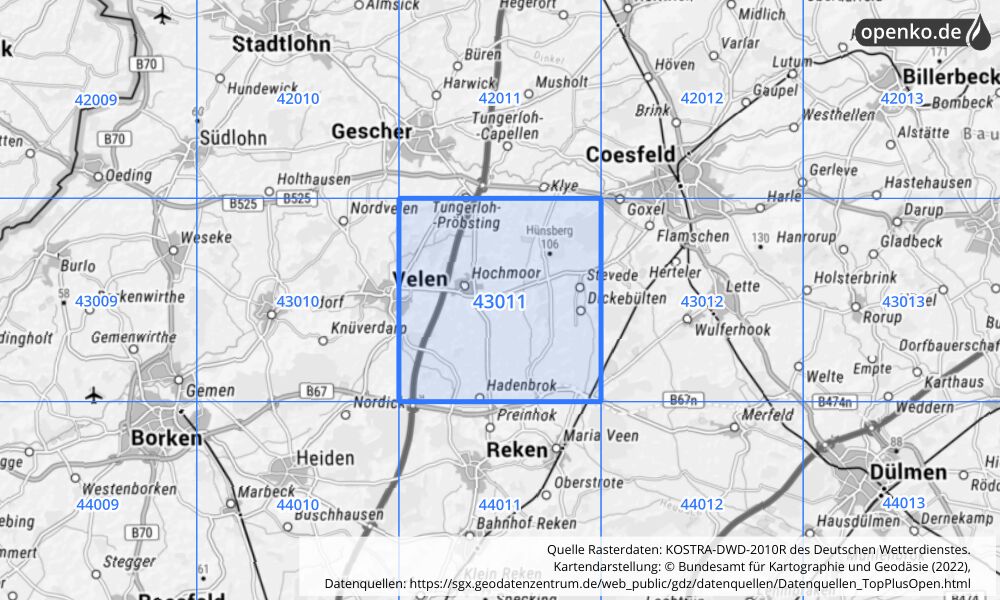 Übersichtskarte KOSTRA-DWD-2010R Rasterfeld Nr. 43011 mit angrenzenden Feldern