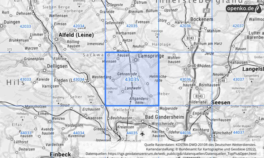 Übersichtskarte KOSTRA-DWD-2010R Rasterfeld Nr. 43035 mit angrenzenden Feldern