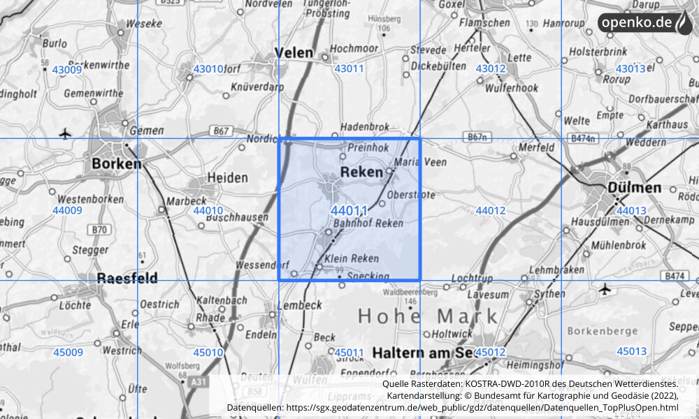 Übersichtskarte KOSTRA-DWD-2010R Rasterfeld Nr. 44011 mit angrenzenden Feldern