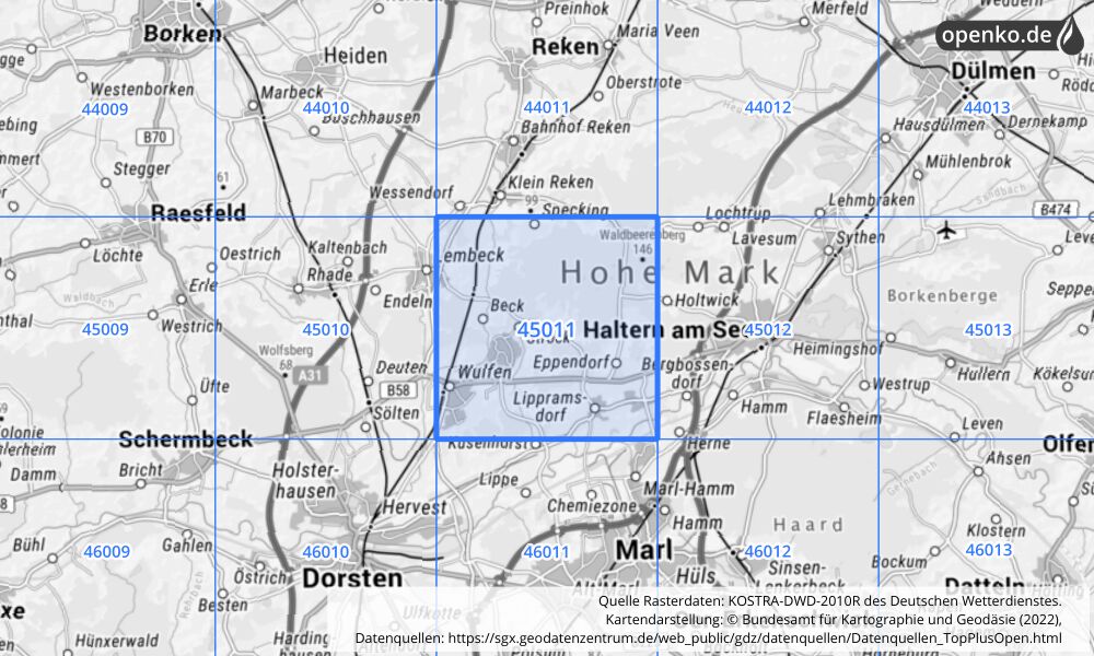 Übersichtskarte KOSTRA-DWD-2010R Rasterfeld Nr. 45011 mit angrenzenden Feldern