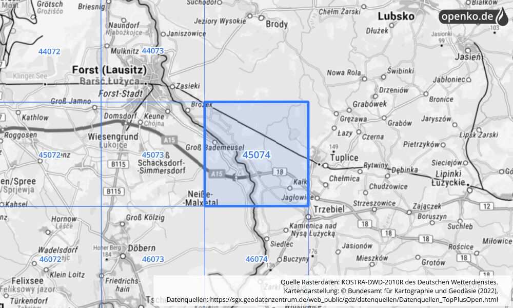 Übersichtskarte KOSTRA-DWD-2010R Rasterfeld Nr. 45074 mit angrenzenden Feldern