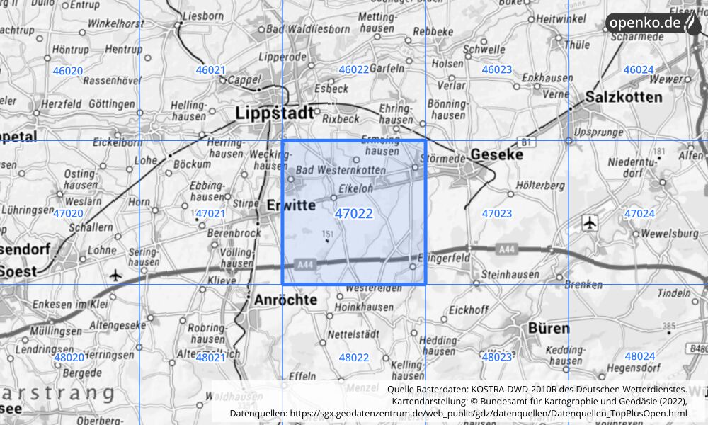 Übersichtskarte KOSTRA-DWD-2010R Rasterfeld Nr. 47022 mit angrenzenden Feldern