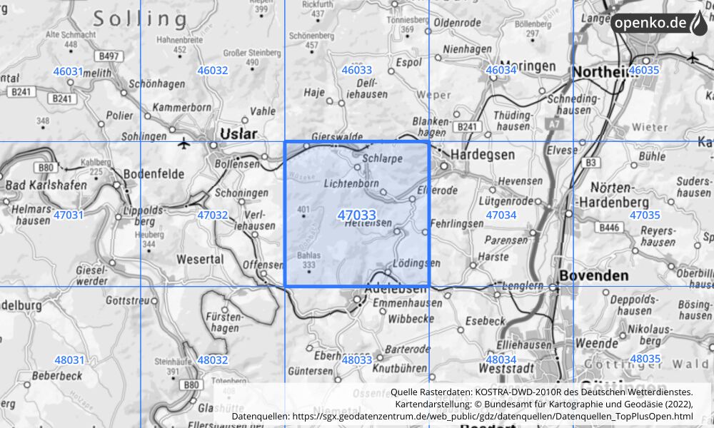 Übersichtskarte KOSTRA-DWD-2010R Rasterfeld Nr. 47033 mit angrenzenden Feldern