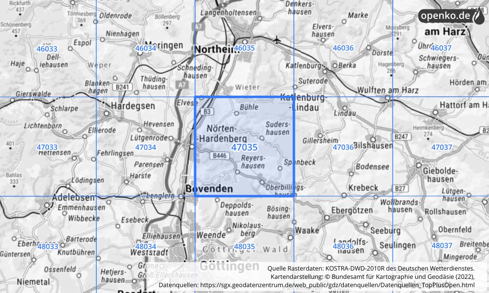 Übersichtskarte KOSTRA-DWD-2010R Rasterfeld Nr. 47035 mit angrenzenden Feldern