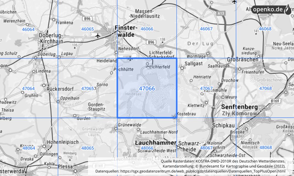 Übersichtskarte KOSTRA-DWD-2010R Rasterfeld Nr. 47066 mit angrenzenden Feldern