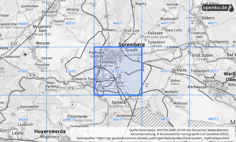 Übersichtskarte KOSTRA-DWD-2010R Rasterfeld Nr. 47071 mit angrenzenden Feldern