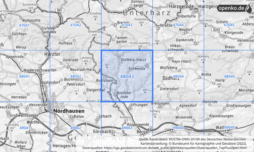 Übersichtskarte KOSTRA-DWD-2010R Rasterfeld Nr. 48043 mit angrenzenden Feldern