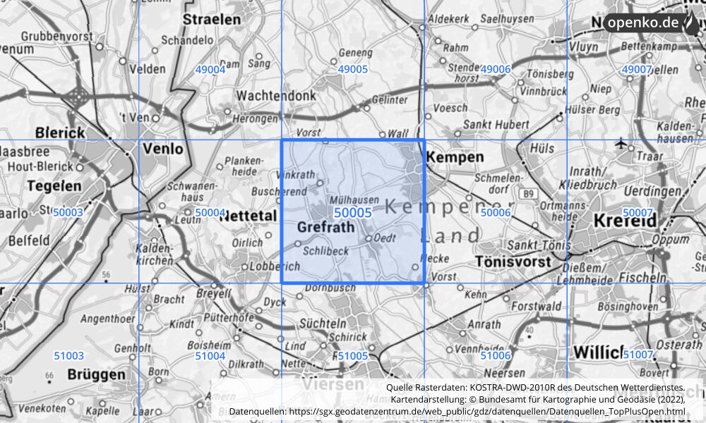 Übersichtskarte KOSTRA-DWD-2010R Rasterfeld Nr. 50005 mit angrenzenden Feldern