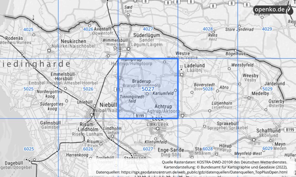 Übersichtskarte KOSTRA-DWD-2010R Rasterfeld Nr. 5027 mit angrenzenden Feldern