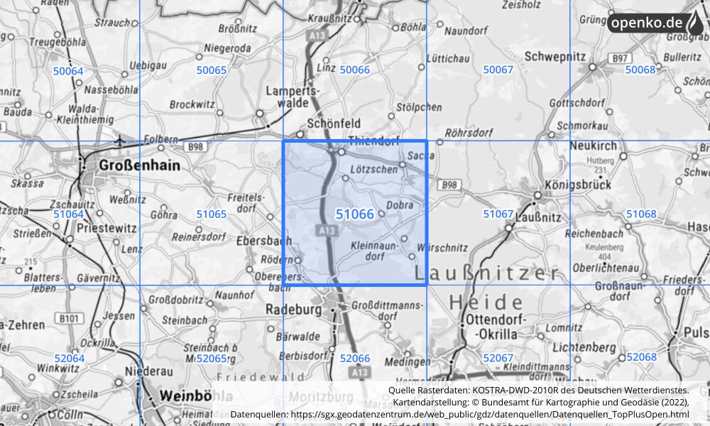 Übersichtskarte KOSTRA-DWD-2010R Rasterfeld Nr. 51066 mit angrenzenden Feldern