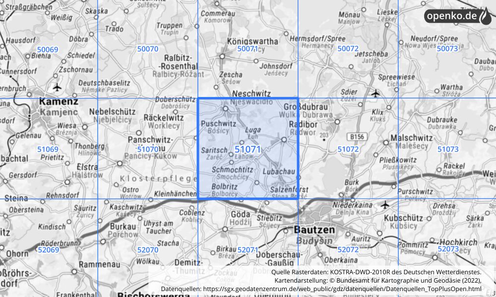 Übersichtskarte KOSTRA-DWD-2010R Rasterfeld Nr. 51071 mit angrenzenden Feldern