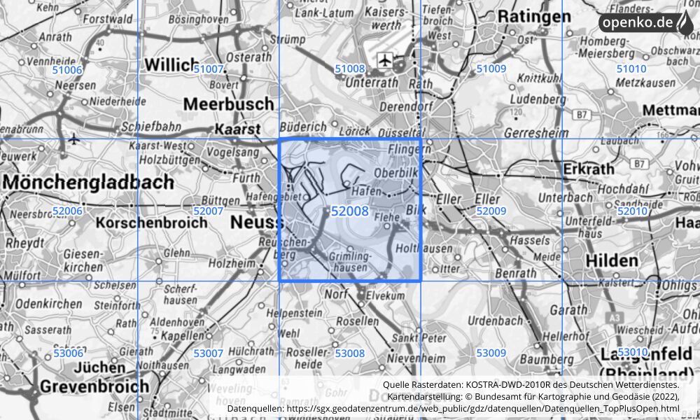 Übersichtskarte KOSTRA-DWD-2010R Rasterfeld Nr. 52008 mit angrenzenden Feldern