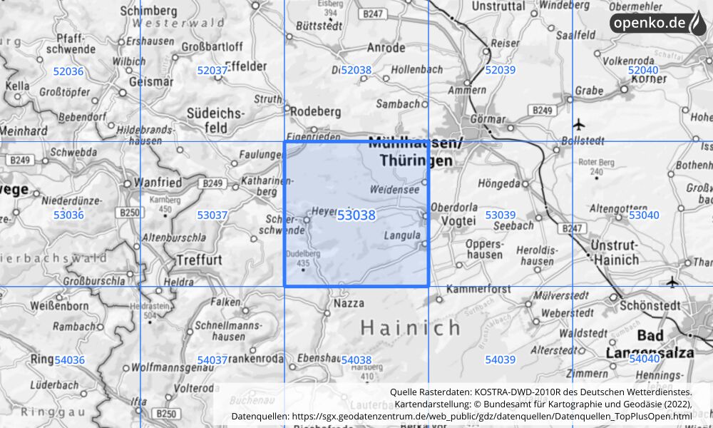Übersichtskarte KOSTRA-DWD-2010R Rasterfeld Nr. 53038 mit angrenzenden Feldern