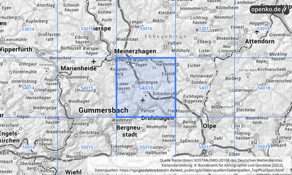 Übersichtskarte KOSTRA-DWD-2010R Rasterfeld Nr. 54016 mit angrenzenden Feldern