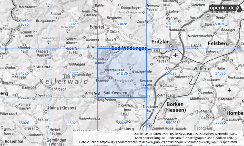 Übersichtskarte KOSTRA-DWD-2010R Rasterfeld Nr. 54028 mit angrenzenden Feldern
