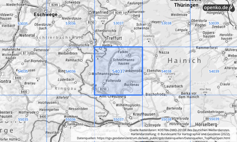 Übersichtskarte KOSTRA-DWD-2010R Rasterfeld Nr. 54037 mit angrenzenden Feldern