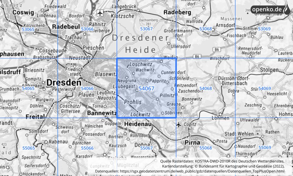 Übersichtskarte KOSTRA-DWD-2010R Rasterfeld Nr. 54067 mit angrenzenden Feldern