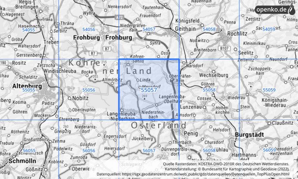 Übersichtskarte KOSTRA-DWD-2010R Rasterfeld Nr. 55057 mit angrenzenden Feldern