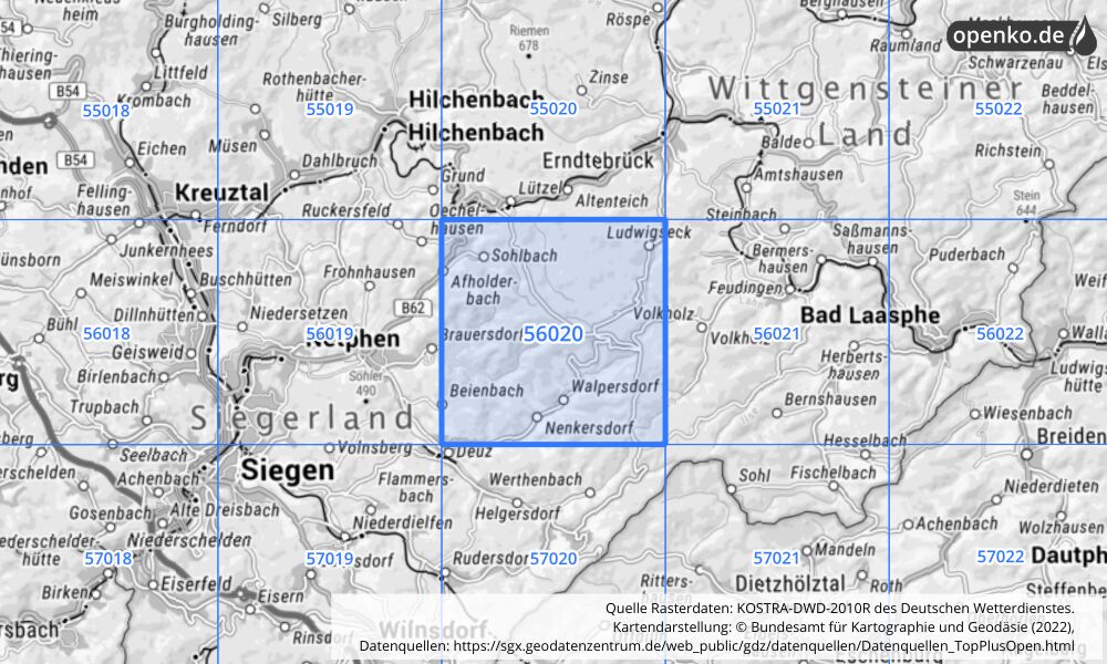 Übersichtskarte KOSTRA-DWD-2010R Rasterfeld Nr. 56020 Übersichtskarte KOSTRA-DWD-2010R Rasterfeld Nr. 56020 mit angrenzenden Feldern