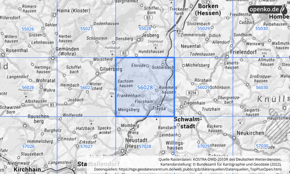 Übersichtskarte KOSTRA-DWD-2010R Rasterfeld Nr. 56028 Übersichtskarte KOSTRA-DWD-2010R Rasterfeld Nr. 56028 mit angrenzenden Feldern