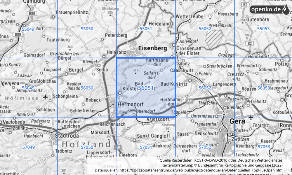 Übersichtskarte KOSTRA-DWD-2010R Rasterfeld Nr. 56051 mit angrenzenden Feldern