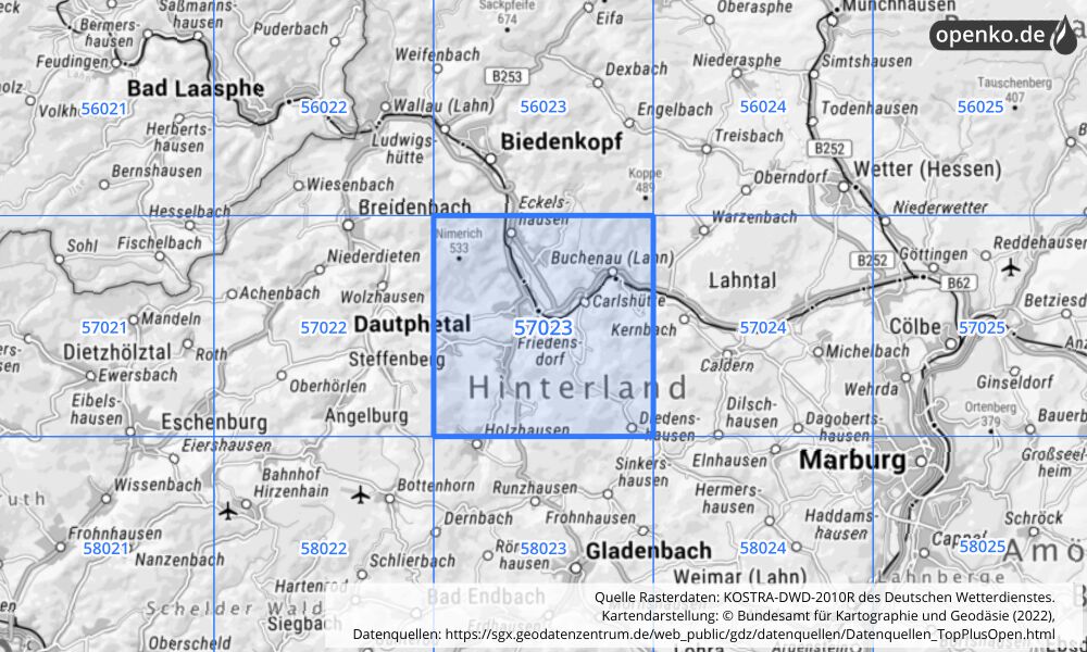 Übersichtskarte KOSTRA-DWD-2010R Rasterfeld Nr. 57023 mit angrenzenden Feldern