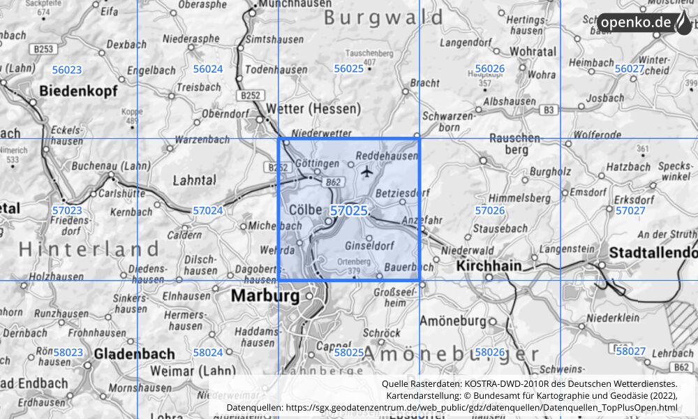 Übersichtskarte KOSTRA-DWD-2010R Rasterfeld Nr. 57025 mit angrenzenden Feldern