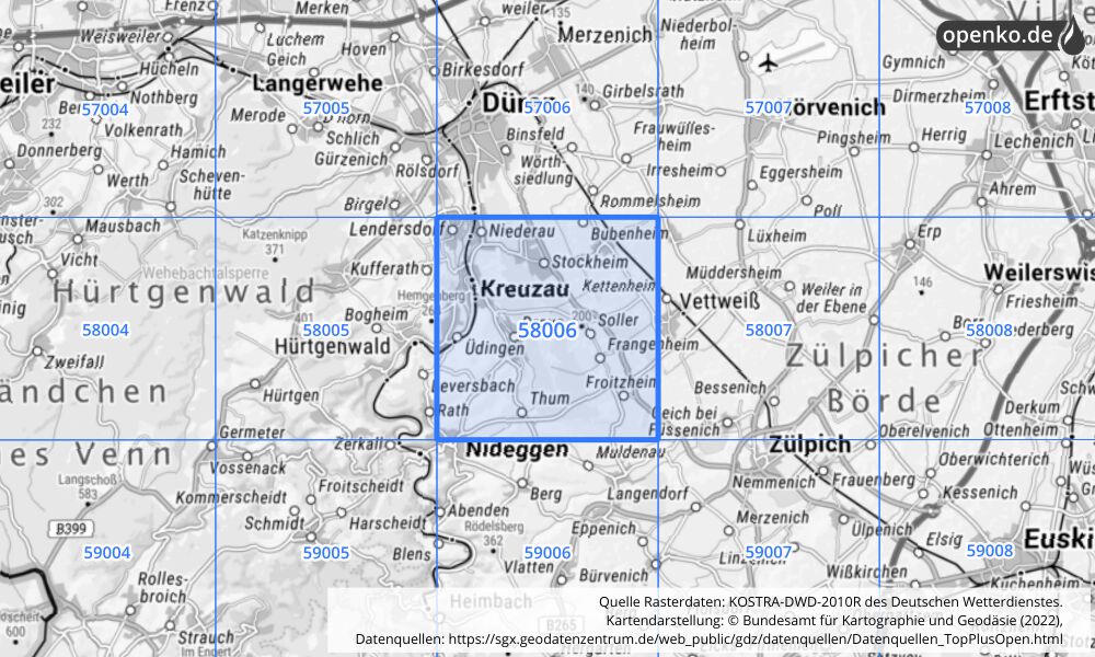 Übersichtskarte KOSTRA-DWD-2010R Rasterfeld Nr. 58006 mit angrenzenden Feldern