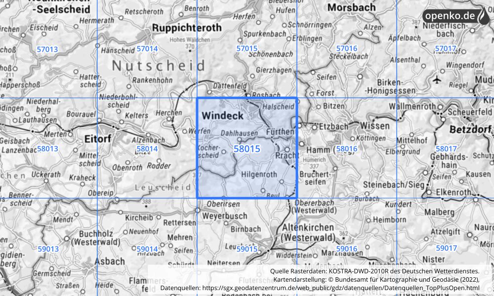 Übersichtskarte KOSTRA-DWD-2010R Rasterfeld Nr. 58015 mit angrenzenden Feldern