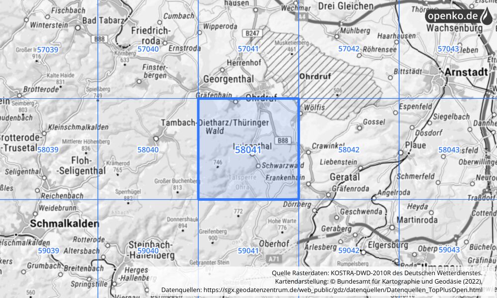 Übersichtskarte KOSTRA-DWD-2010R Rasterfeld Nr. 58041 Übersichtskarte KOSTRA-DWD-2010R Rasterfeld Nr. 58041 mit angrenzenden Feldern
