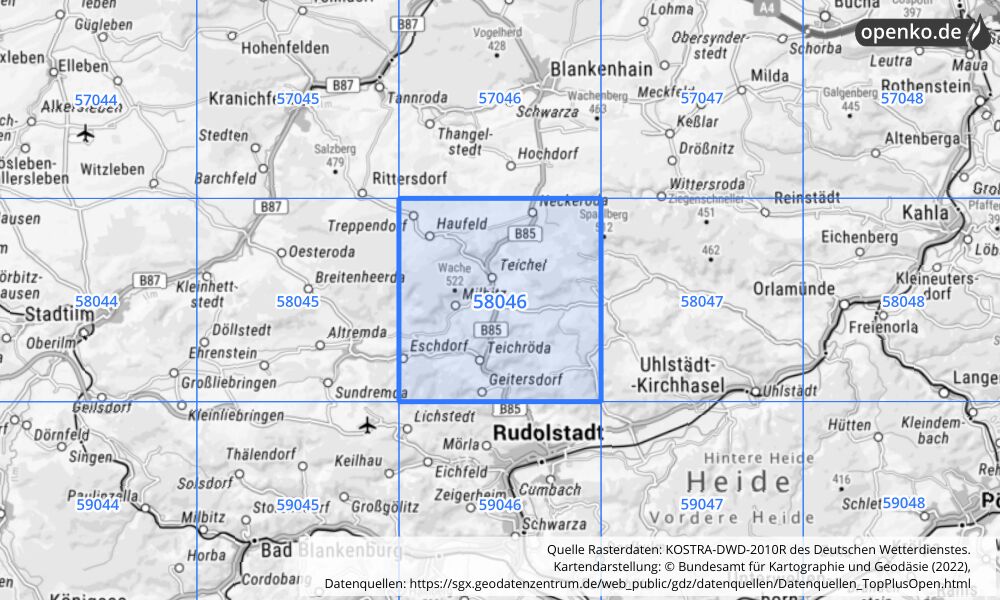 Übersichtskarte KOSTRA-DWD-2010R Rasterfeld Nr. 58046 Übersichtskarte KOSTRA-DWD-2010R Rasterfeld Nr. 58046 mit angrenzenden Feldern
