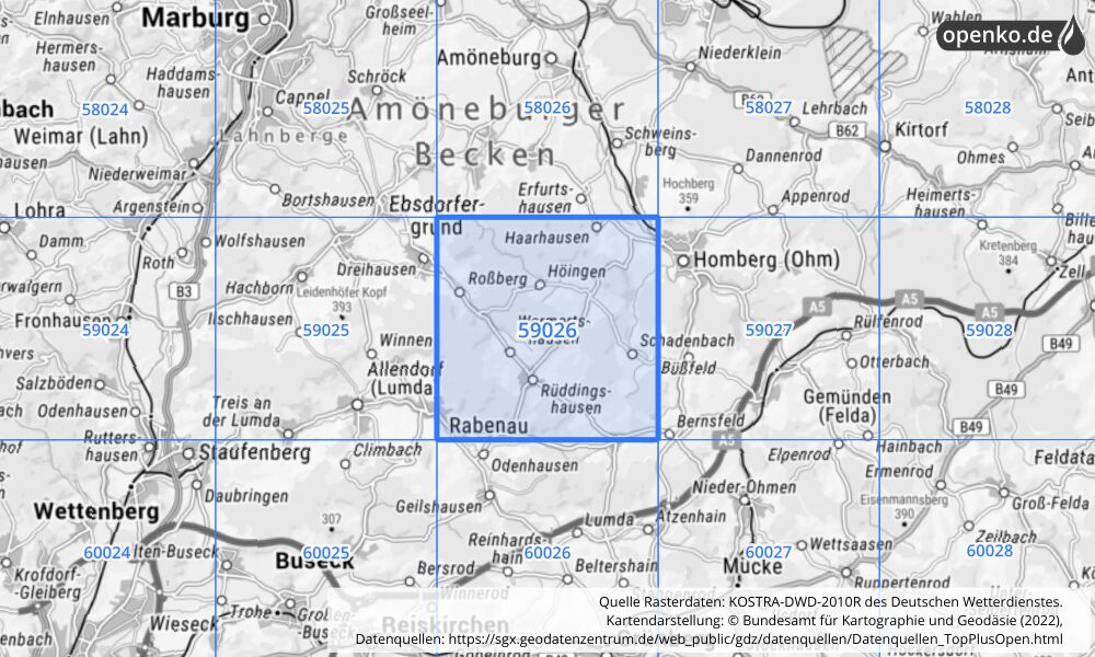 Übersichtskarte KOSTRA-DWD-2010R Rasterfeld Nr. 59026 Übersichtskarte KOSTRA-DWD-2010R Rasterfeld Nr. 59026 mit angrenzenden Feldern