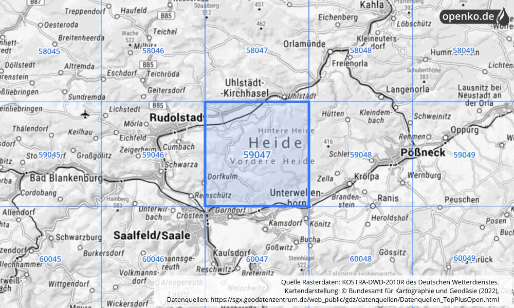 Übersichtskarte KOSTRA-DWD-2010R Rasterfeld Nr. 59047 mit angrenzenden Feldern