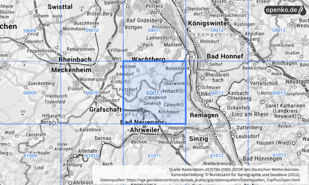 Übersichtskarte KOSTRA-DWD-2010R Rasterfeld Nr. 60011 mit angrenzenden Feldern