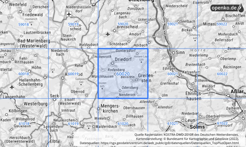 Übersichtskarte KOSTRA-DWD-2010R Rasterfeld Nr. 60020 Übersichtskarte KOSTRA-DWD-2010R Rasterfeld Nr. 60020 mit angrenzenden Feldern