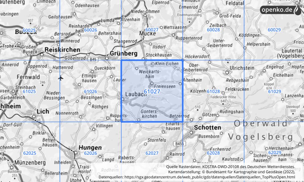 Übersichtskarte KOSTRA-DWD-2010R Rasterfeld Nr. 61027 mit angrenzenden Feldern