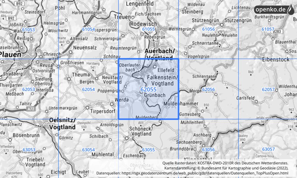 Übersichtskarte KOSTRA-DWD-2010R Rasterfeld Nr. 62055 mit angrenzenden Feldern