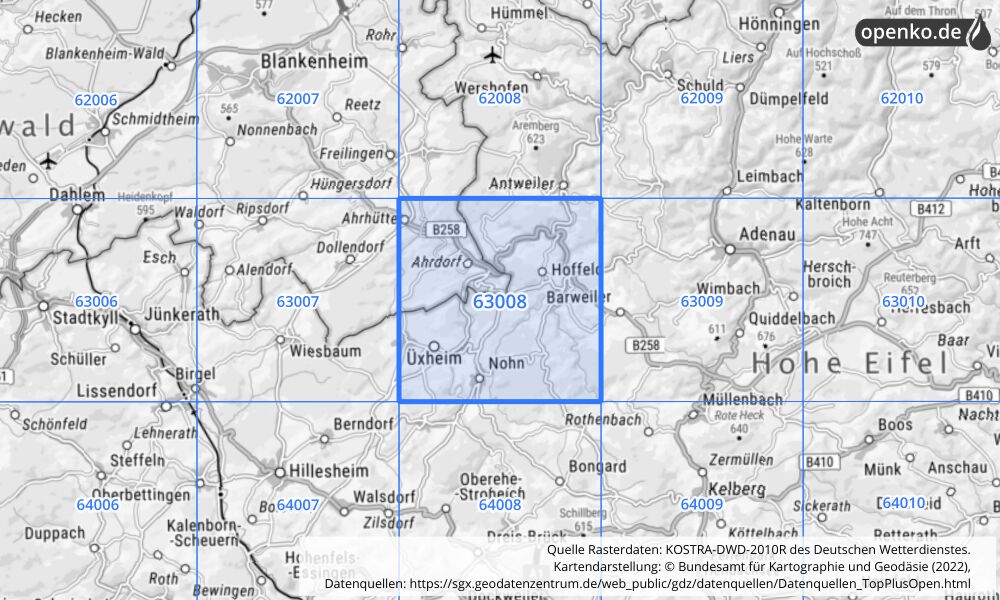 Übersichtskarte KOSTRA-DWD-2010R Rasterfeld Nr. 63008 mit angrenzenden Feldern
