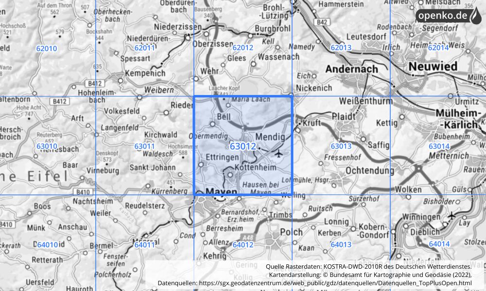 Übersichtskarte KOSTRA-DWD-2010R Rasterfeld Nr. 63012 mit angrenzenden Feldern