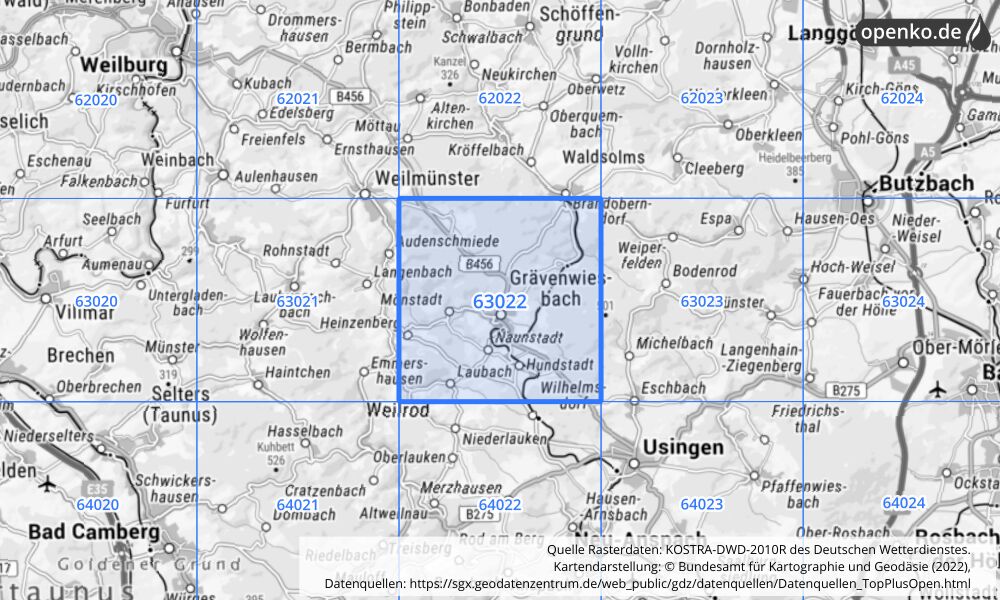 Übersichtskarte KOSTRA-DWD-2010R Rasterfeld Nr. 63022 mit angrenzenden Feldern